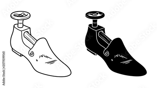 Obraz na plátne Shoe Tree Set: A set of two shoe trees, one in black and white line art and the other in silhouette, showcases the tool designed to maintain shoe shape