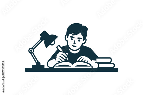 Minimalist Black and White Student Studying at Desk with Lamp Vector Illustration