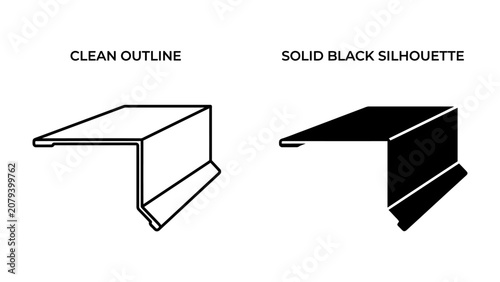 Two Styles of Metal Flashing: A side-by-side comparison showing a clean outline drawing and a solid black silhouette of a L-shaped metal flashing profile.
