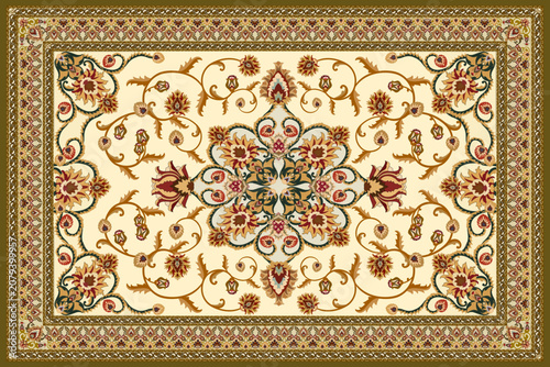 Luxury Persian Carpet with Blue Floral Medallion and Traditional Oriental Rug Pattern Vector Illustration