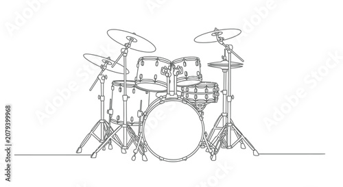 Foto Drum kit line drawing on a white background continuous silhouette