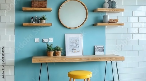 Interior design with a blue wall and wooden accents