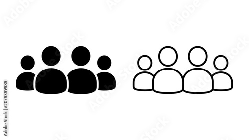 Group of People Icons: Two distinct icon sets, one solid black and one outline, represent a group of people, symbolizing community, teamwork, or a gathering.