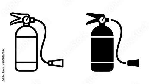 Fire Extinguisher Icons: Two simplified graphic representations of a fire extinguisher, one in outline and the other as a solid black silhouette, symbolizing safety and emergency preparedness.