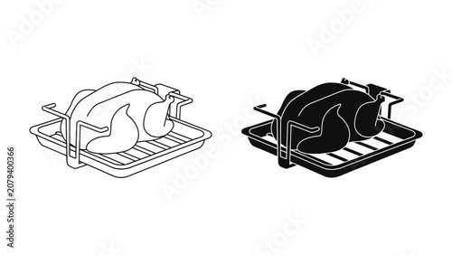 Roast Chicken Icon: A graphic representation of a whole roast chicken on a roasting rack, presented in both outline and solid black styles, perfect for culinary or recipe-related themes.