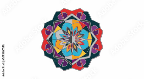 Intricate geometric pattern with vibrant colors radiating from a central point