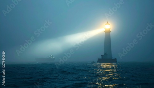Dramatic lighthouse beam guiding a ship through misty night ocean