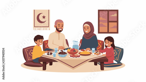 Happy family shares a meal with Islamic decor and window