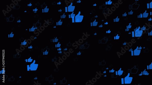 Blue thumbs up icons drift in a seamless loop with alpha channel, creating a dynamic social media reaction overlay.