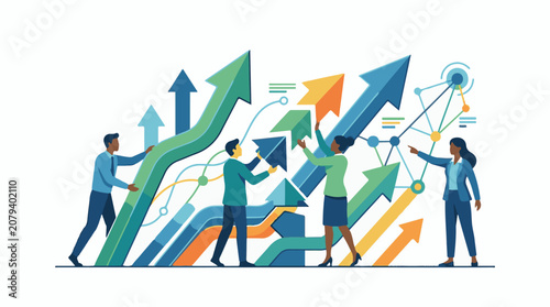 Four people interact with large arrows and lines on a white background