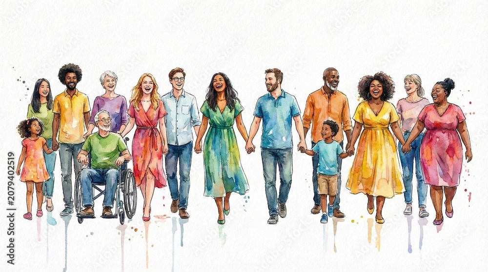 Fototapeta premium Watercolor scene of a diverse group of people, child, elder, and wheelchair user holding hand, symbolizing community, inclusion, friendship, and belonging.
