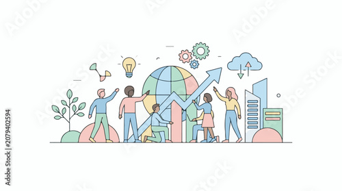 Diverse group collaborates on growth sharing ideas and achieving goals