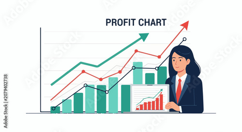 Businesswoman analyzing a rising profit chart displaying growth trends on screens