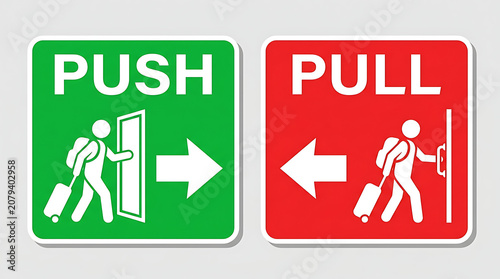 Push and pull traffic direction signs with pedestrians