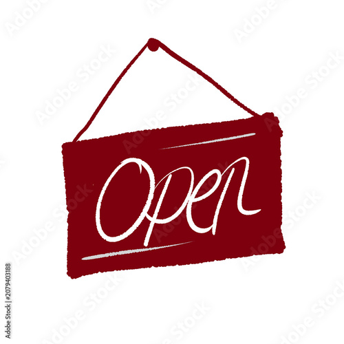 Open sign hanging red signboard with handwritten script.