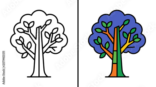 Line Art Tree vs Colorful Illustration Tree - Contrast Concept
