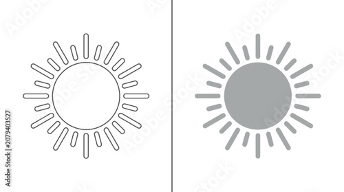 Sun Icon Outline and Filled Gray Symbol - Vector Art