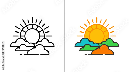 Sunny Day Icon: Color and Outline Versions
