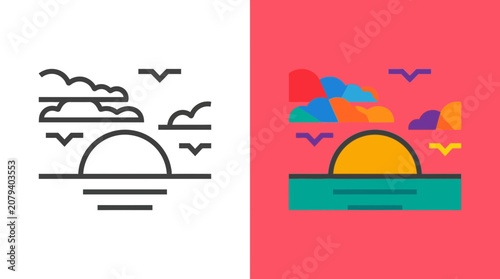 Minimalist Sunset Over Water with Birds and Clouds - Line Art and Flat Design