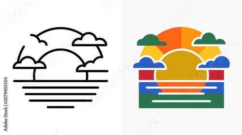 Stylized Sunset Over Water with Clouds, Line Art and Flat Design