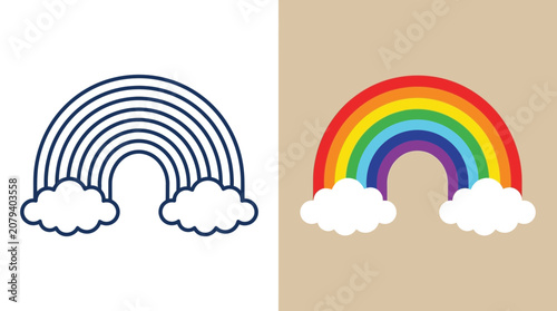 Rainbow Icon and Colorful Arc with Clouds Comparison