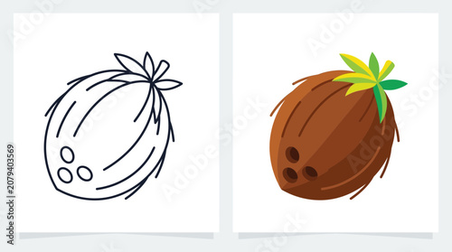 Stylized Coconut Icon and Realistic Coconut Illustration