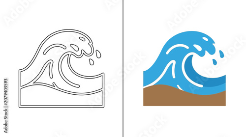 Stylized Ocean Wave Icon - Outline and Color Version