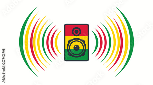 Colorful speaker icon emitting sound waves in reggae colors red yellow and green representing musical rhythm and bass culture on white