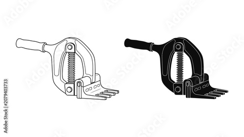 Tool Vector Images: A set of simple vector illustrations showcasing a mechanical tool with a spring mechanism and gripping jaws, presented in both outline and solid black formats.