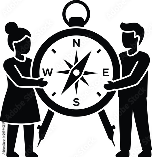 Man and woman holding a large navigation compass vector illustration