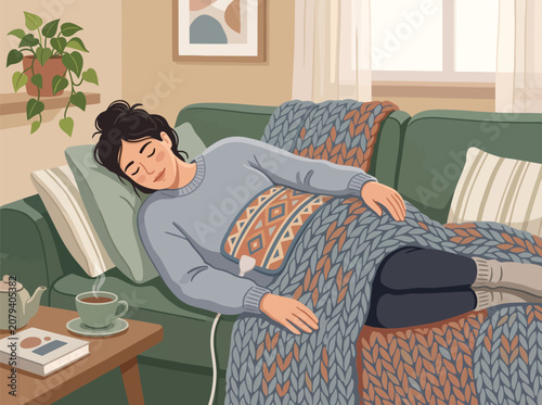 Canvastavla Woman Resting with Hot Water Bottle on Sofa in Cozy Living Room Illustration