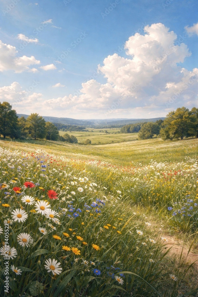 Fototapeta premium Vibrant wildflower meadow under clouds.