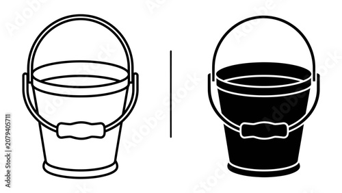 Cuadro en lienzo Two Buckets: A minimalist graphic featuring two identical buckets, one rendered in outline and the other in solid black, side-by-side