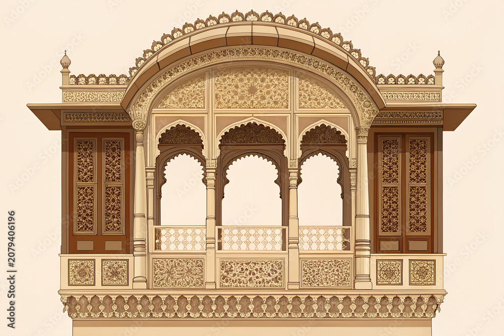 Obraz premium Traditional Rajput palace window featuring ornate jharokha balcony, carved sandstone details, symmetrical architectural design, premium vector style.