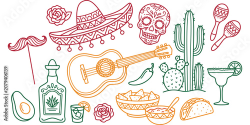 Vector Collection of Traditional Mexican Culture Elements Featuring Sombrero, Taco, Guitar and Cactus in Linear Style