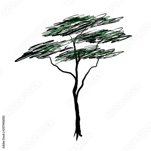 Stylized single tree silhouette with sparse branches.