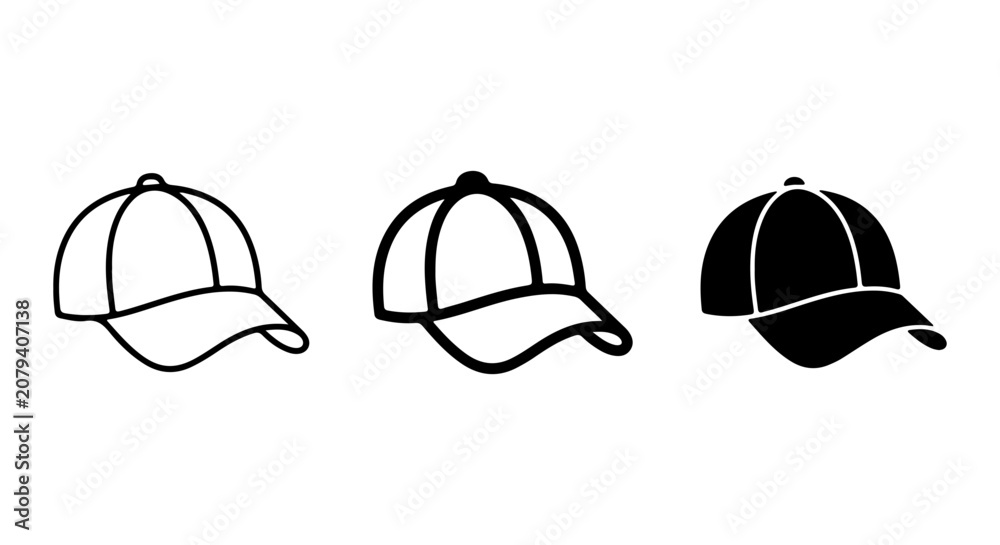 Fototapeta premium Baseball Cap Icons Set, Simple Outline and Solid Black Vector Graphics for Apparel Design