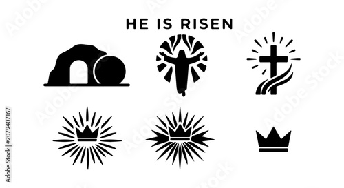 Canvastavla He Is Risen Easter Symbols: Empty Tomb, Risen Christ, Cross, Crowns, Resurrectio
