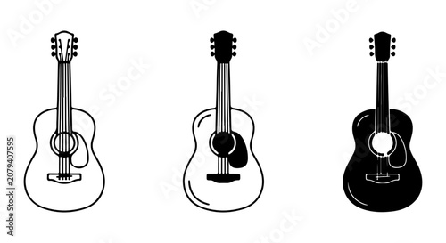 Photography Acoustic Guitar Icons, Musical Instrument Vector Set, Classic Stringed Guitar Gr