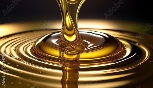 this close up captures the continuous anointing oil flow of a thick golden oil onto a smooth reflective surface emphasizing its texture and rich color