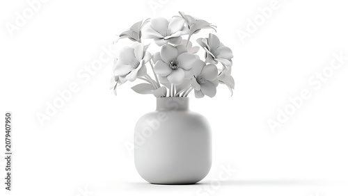 Monochromatic white flowers in a simple white vase against a bright white background.
