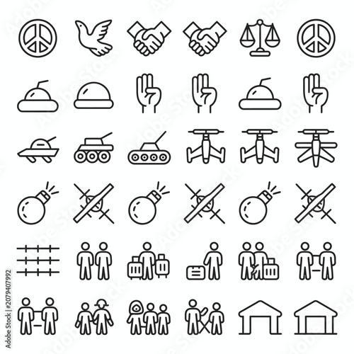 War and Peace Line Icons Set – Diplomacy, Justice, Military, Refugees and Conflict Symbols