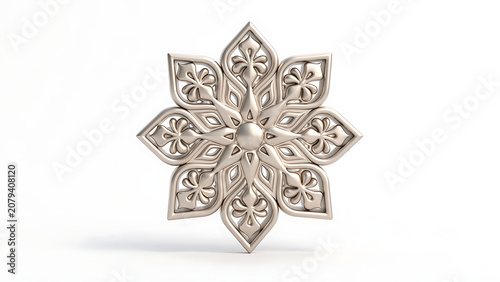 Detailed silver ornate star-shaped decorative object with intricate filigree patterns and a central sphere, isolated on white.