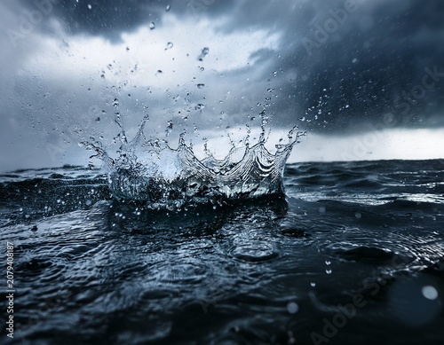 heavy rain splash on dark turbulent water during a storm crown splash macro detail flood water surface extreme weather impact climate change deluge moody monsoon atmosphere