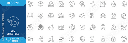 Eco Lifestyle Icon Set. Containing Sustainability, Green Living, Recycling, Renewable Energy, Organic, Zero Waste, Eco Friendly, Environmental Protection, Nature, Clean Energy and more.