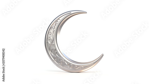 A shiny silver crescent moon with intricate decorative patterns stands on a white background, symbolizing celestial beauty and cultural significance.