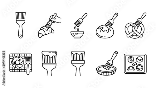 Set of baking brush icons for culinary preparation.