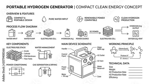 Portable Hydrogen Generator Concept Technical Infographic Diagram.