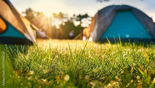 tent ground level view of grass inside campground with sunlight and blurred tents in background for outdoor camping background and travel banner
