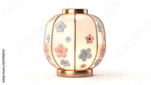 A decorative illuminated lantern with pastel floral embellishments and a golden base.